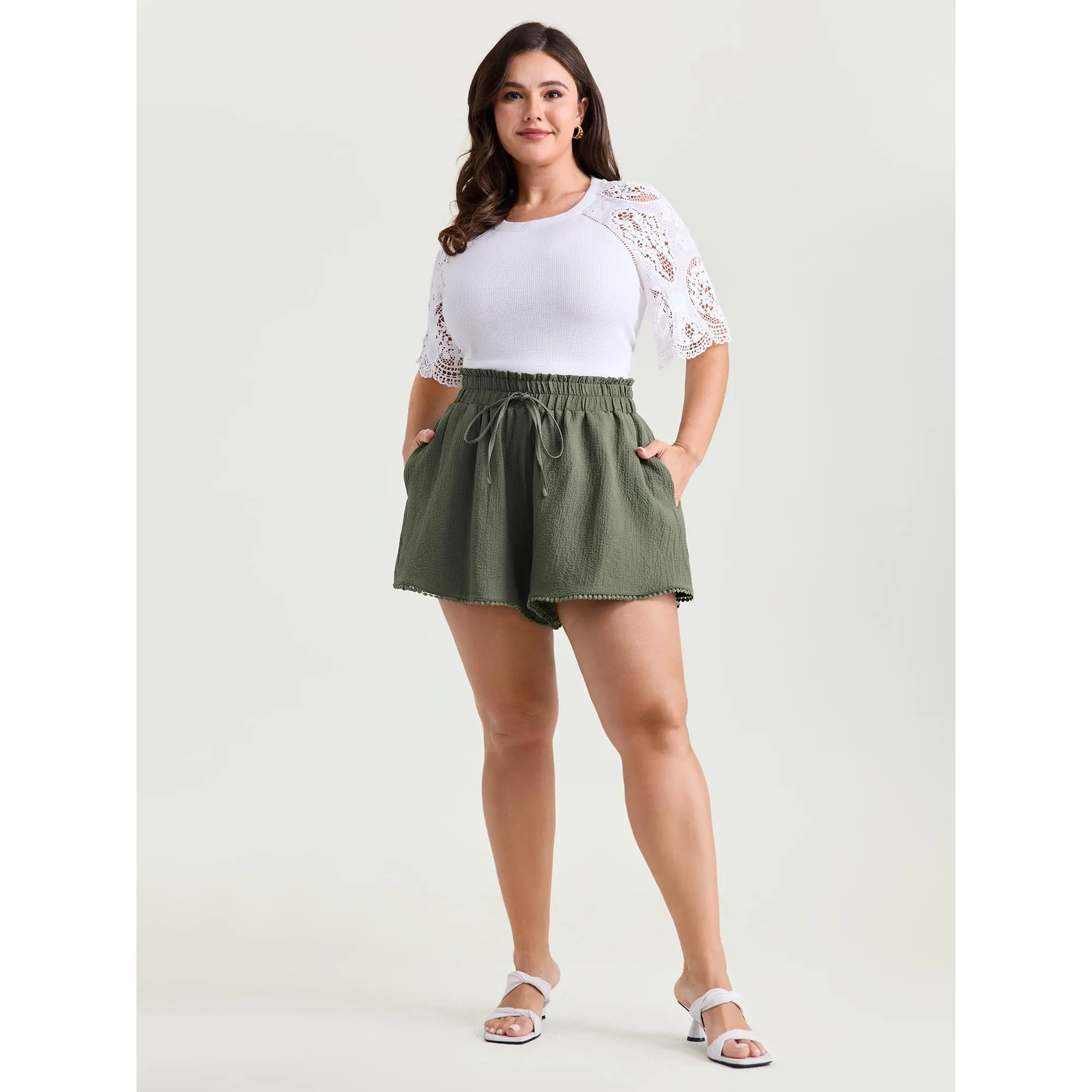 BLOOMCHIC Women's Plus Size Smooth Polyester-Spandex Mid-Waist Wide Leg Shorts - Wide Waistband, Flared Lace Trim, Pockets, Knot Detail, M-6X Fit, 2026 Summer Casual Garment, Machine Washable, Cold Wash, Low Heat Iron, Plus Size Shorts, Fabric
