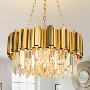 Modern Gold Crystal Chandelier, Dimmable Ceiling Hanging 21.7-Inch E12 Crystal Chandelier for Corridor/Kitchen Island/Bedroom/Living Room