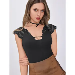 Cider [size 2-26] Lace Trim Solid Bodysuit SummerWins Dealsforyou