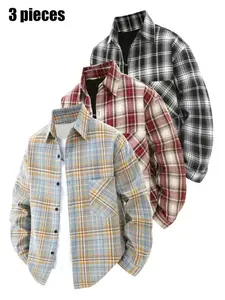 3-Pack Men's Plaid Flannel Shirts, Spring Long Sleeve Button-Up, Mixed Colors, Casual Everyday Wear