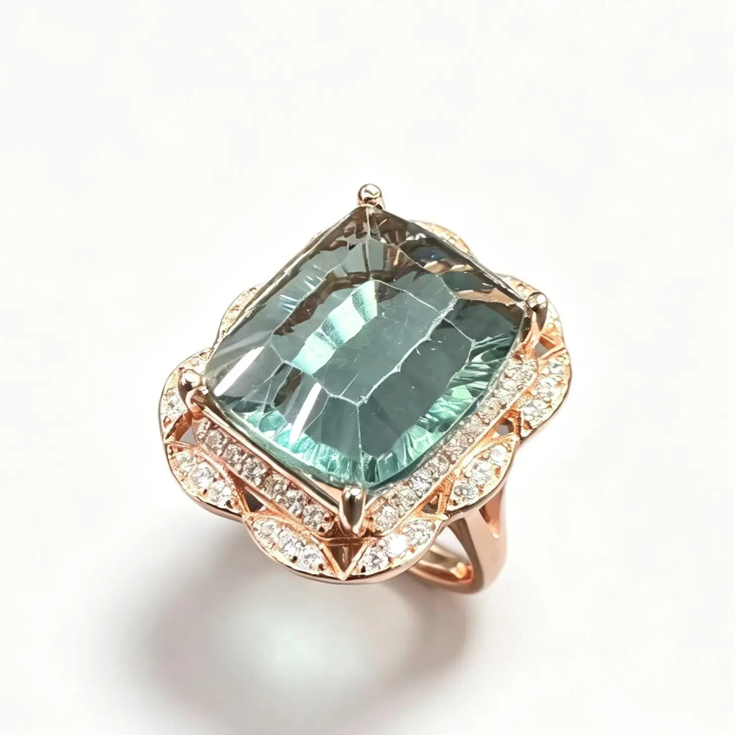 925 Sterling Silver Unisex Adjustable 16×14mm Natural Fluorite Cushion Halo Ring - Rose Gold Tone Hand-Finished Vintage Glamour Ring for Birthday, Anniversary, Boosting Creativity, Inner Peace & Mental Clarity