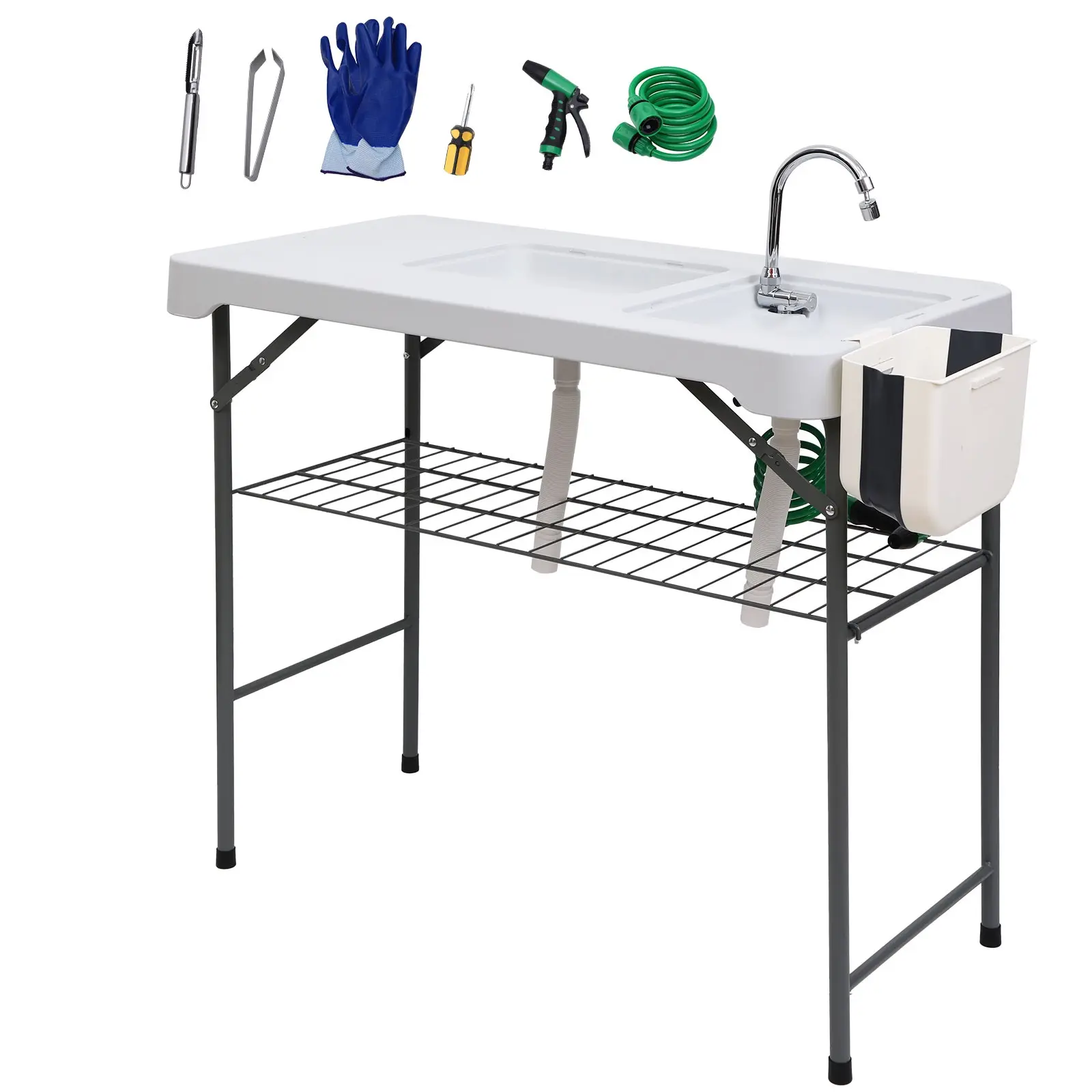 Fish Cleaning Table with Dual Sinks, Faucet, Spray Nozzle, Drainage System, Grid Rack, Basket & Tool Kit, 42.5'' Portable Camping Sink for Fishing, Picnic & Outdoor Use