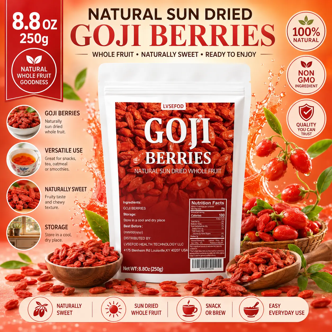 LVSEFOD Dry Natural Sun-Dried Whole Goji Berries, 8.8 oz/250g, Naturally Sweet for Tea, Snacks