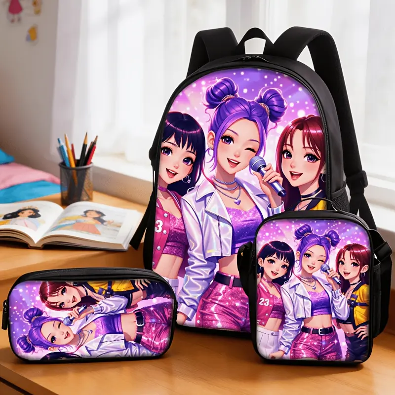 Women's 3-Piece Casual Backpack Set - Microphone Sequin Pattern, Large-Capacity, Lightweight Organized Bundle with Backpack, Handbag, Body Bag, Lunch Bag, Cute Accessories for Back to School Hauls, First Day of School