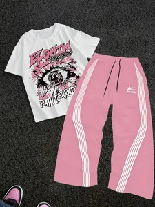 Men's Street Style Short Sleeve Striped Straight Leg Pants Set, Letter & Eye Print, Casual Hip Hop Fashion, Spring & Fall Wear