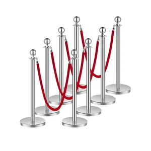 【Summervibes】VEVOR Stanchions and Velvet Ropes 8Pcs, Hollow Base with Stainless Steel Post, 4 Red Velvet Ropes and Posts, Crowd Control Barriers Silver Stanchions, Red Carpet Runner Poles for Party Supplies