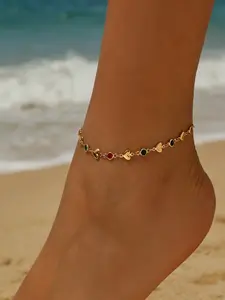Summer Beach Style Foot Jewelry, Colorful Zircon Heart Chain Design Anklet, Dainty Layered Anklet, Casual Elegant Ankle Bracelet, Copper Material, Trendy Jewelry, All Seasons Accessory, Trendy Fashionable Accessories