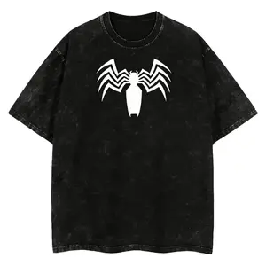100% pure cotton washed T-shirt with dark style Spider print, oversized lightweight acid-washed T-shirt, TV show pattern top, cotton gift T-shirt, suitable for comic lovers and movie enthusiasts, unisex