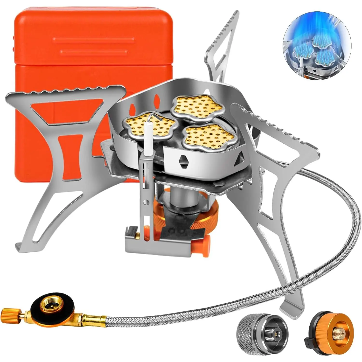 6800W Portable Gas Stove - Windproof Backpacking Brass Burner with 3 Brass Heads, Easy Ignition Piezo System, Adjustable Flame Controller, Precise Flame Control & Carry Case for Camping, Hiking, Camping Accessories, Outdoor Cooking