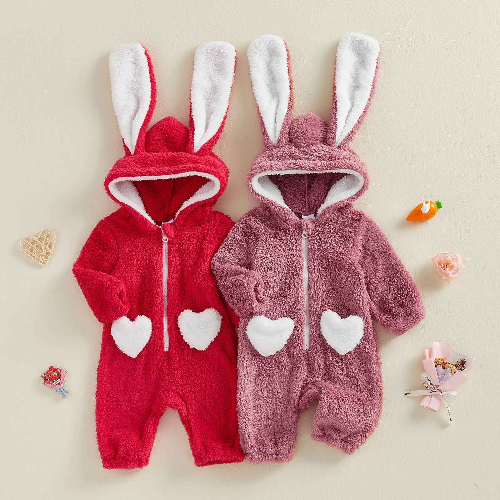 Infant Baby Boy Girl Valentines Jumpsuit Bunny Ears Long Sleeve Hooded Zipper Winter Romper Clothes Easter Spring Winter 0-18 Months