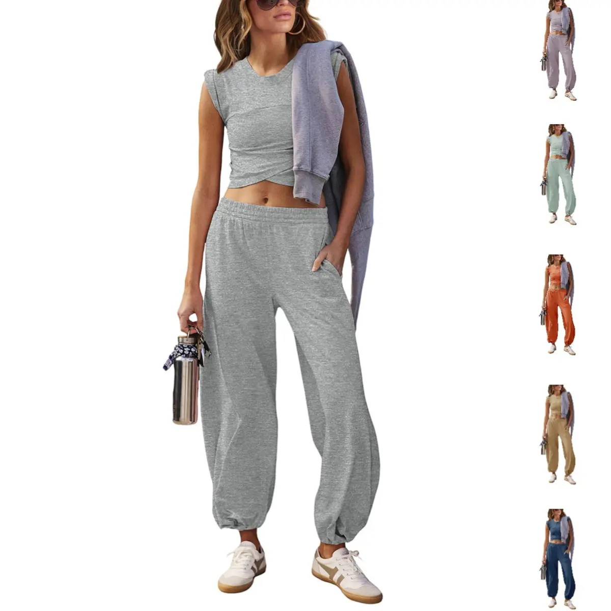 Tanming Womens 2 Piece Crossover Set Sweatsuits Sets Casual Workout Cropped Tee Top High Rise Sweatpants Athletic Tracksuits, 2 Piece Sets, Workout Sets Women