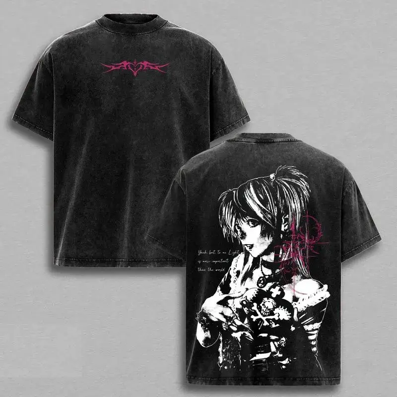 Men's Gothic Retro Short-Sleeve T-Shirt, Death Note Misa Amane Graphic Print, Baggy Oversized Menswear Streetwear Vibe, Heavyweight Washed Cotton Round Neck Rib Top