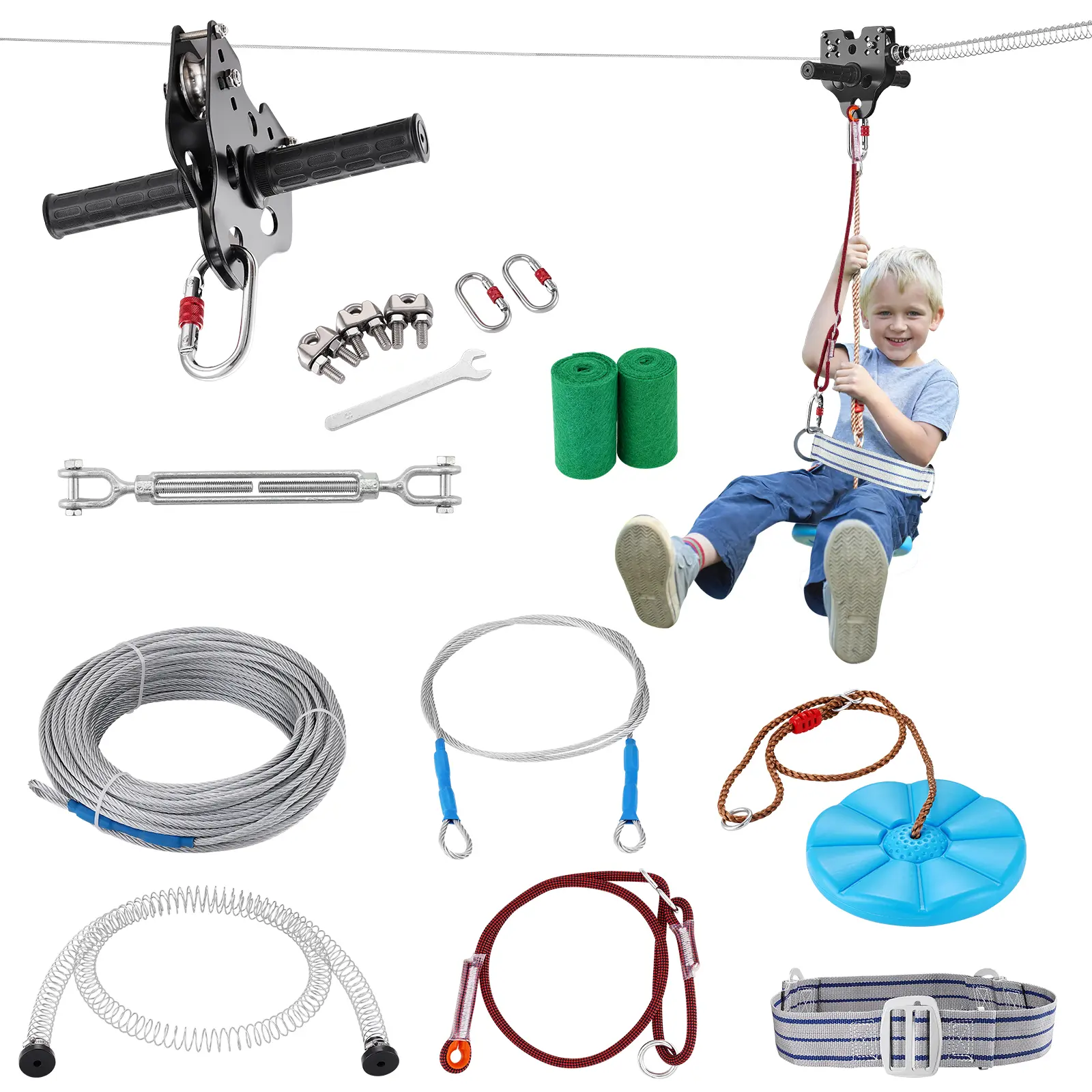 VEVOR Zipline Kit for Kids and Adult,  160 ft Zip Line Kits Up to 330 lb, Backyard Outdoor Quick Setup Zipline, Playground Entertainment with Stainless Steel Zipline, Spring Brake, Safety Harness, Seat