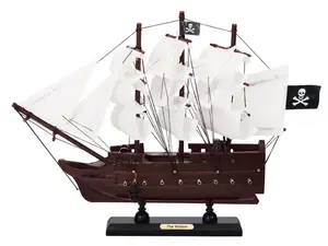 360 stand Handcrafted Wooden Calico Jack's William Pirate Ship Model with Wooden Hull, P12-BP-W-William, 9x2x12", White Sails, Metal Ornaments, Room & Table Home Decor Statue Figurine, Hand Crafted Miniatures