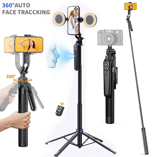 70.8 inch 360° Rotatable Smart Auto Face Tracking Selfie Stick Tripod with Gesture Control & Rechargeable Fill Lights for Mobile Phone Video Recording Vlog TikTok Live Broadcast - Smartphone Camera Accessories  tripod for iphone  phone tripod