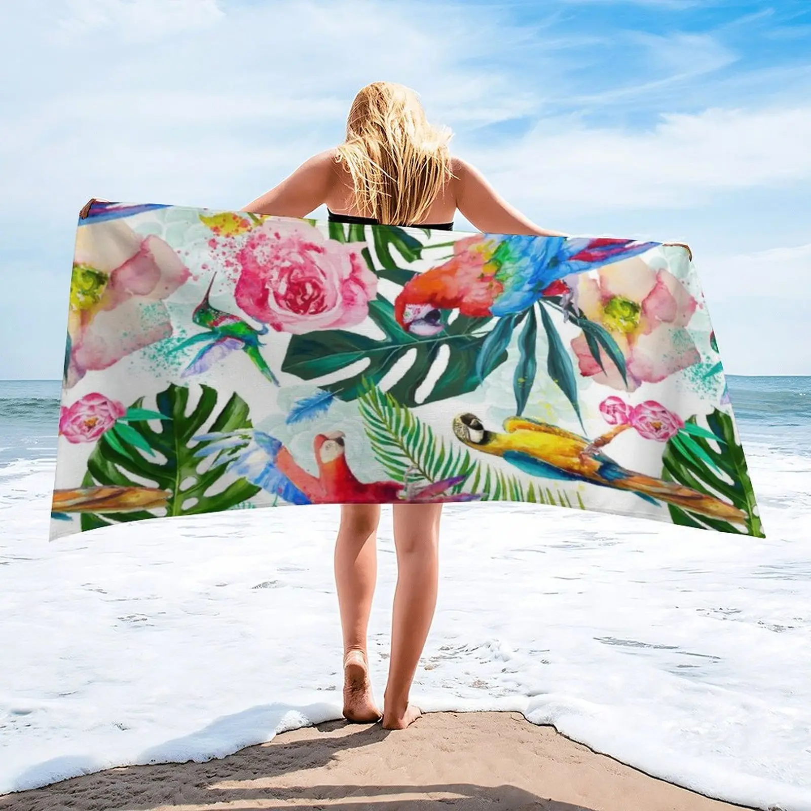 Microfiber Beach Towel for Adults - Sand Free Oversized Towel, Quick Dry & Super Absorbent Travel Towel, Tropical Macaw Parrot, Monstera Leaf & Hibiscus Floral Print Lightweight Large Bath Towel for Swimming, Pool, Gym, Yoga, Camping, Cruise Essentials