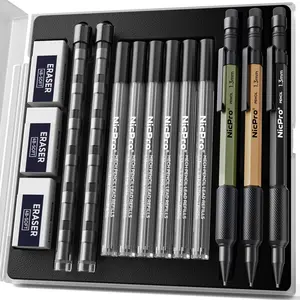 Nicpro 3 Pack 1.3 mm Mechanical Pencil Set with 36 Lead Refill, 3 Eraser - Weatherproof Metal MP2000 Heavy Duty Carpenter Pencil for Outdoor Marking Drafting Drawing Woodworking, Office Stationery Supplies