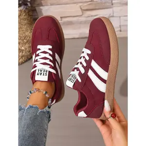 Women's Burgundy & White Suede Striped Platform Sneakers Lace-Up Retro Three-Stripe Detail Thick Sole Walking Shoes Training Shoes Breathable Comfortable Non-Slip Casual Sports Footwear Fashion Lifestyle Shoes Christmas heartwarming gift