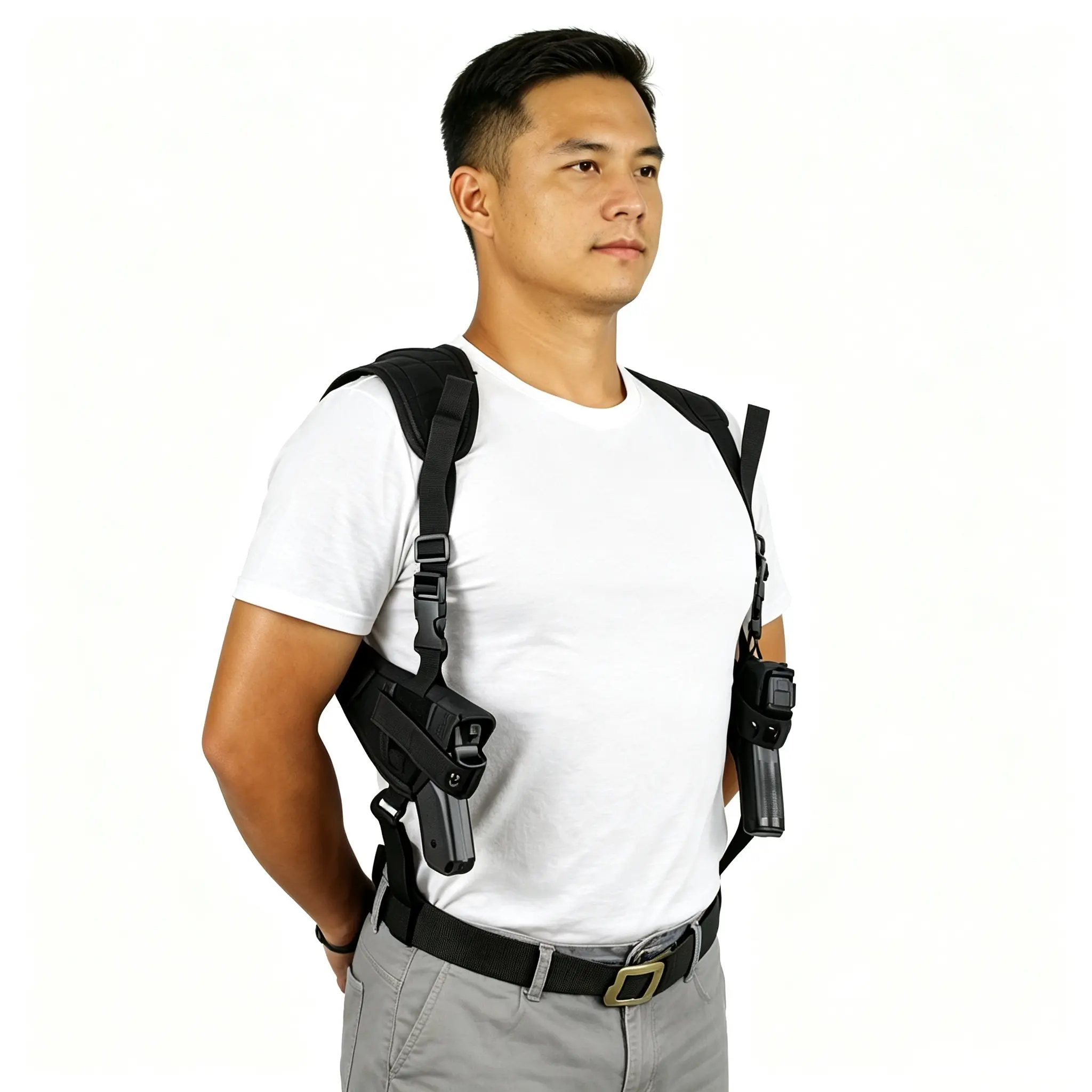Tactical Dual Vertical Concealed Carry Shoulder Holster, 600D Nylon Shoulder Rig with Adjustable Padded Straps & 2 Mag Pouches