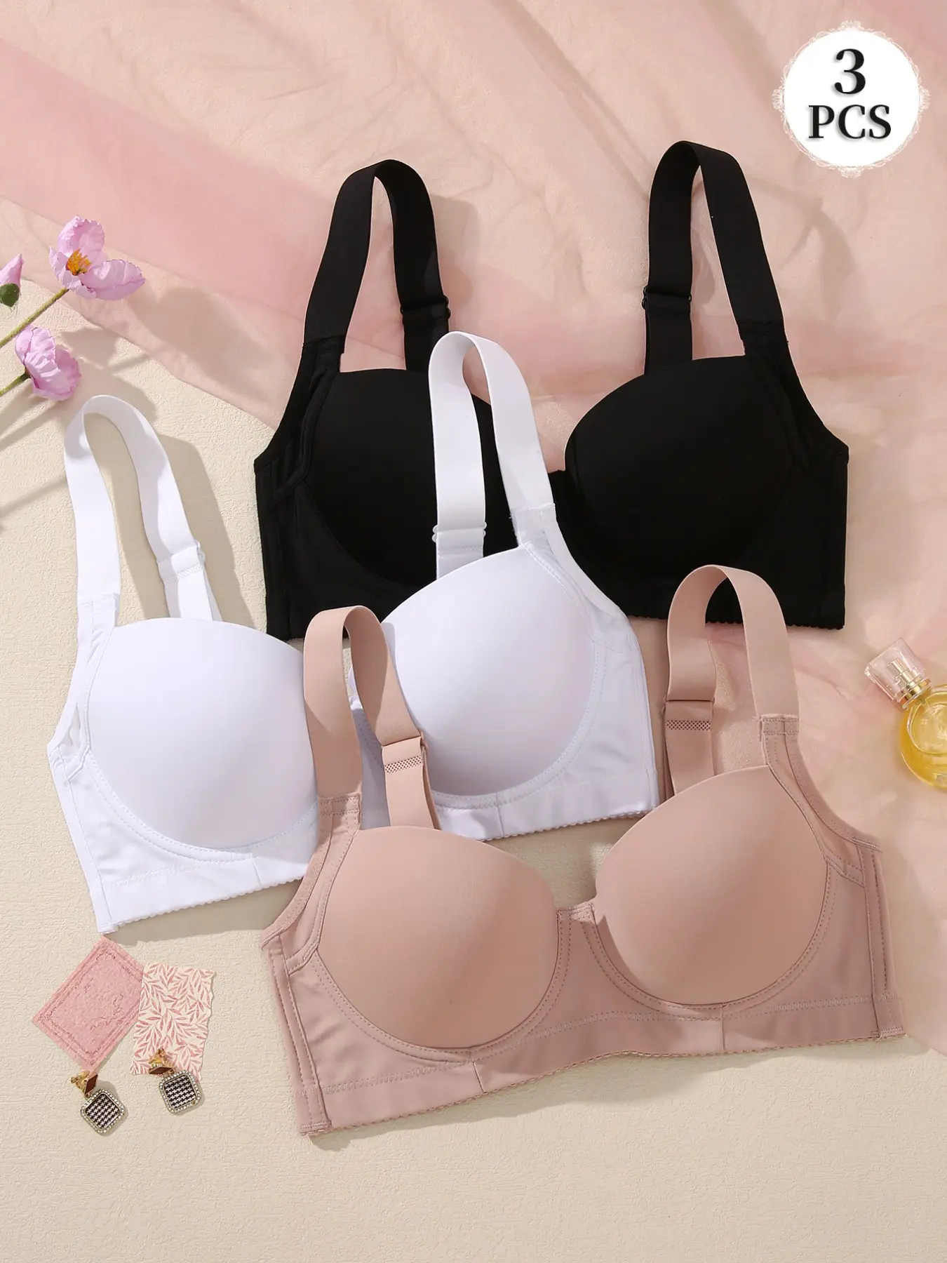 3PCS Women's push-up T-shirt bra, featuring inner lining Underwire and side bust Medium support design, adjustable wide straps, plain, Basic, Casual, Everyday and skin-friendly underwear, suitable for daily wear Padded Bras, Pack Bras