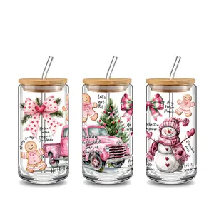 Cute Christmas Gingerbread Man Design 16oz Glass Can Cup with Lid and Straw, Reusable Glass Drinking Cup, Hydration Tumbler, High-Quality Glass Jar for Iced Coffee, Beer, Juice, Milk, Cold Drinks, Fashionable Glassware, Perfect Gift for Family & Friends
