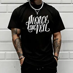 Street Style | Men’s Heavyweight Loose T-Shirt, Pierce The Veil Band Print, Punk Rock Oversized Pure Cotton Short Sleeve Top