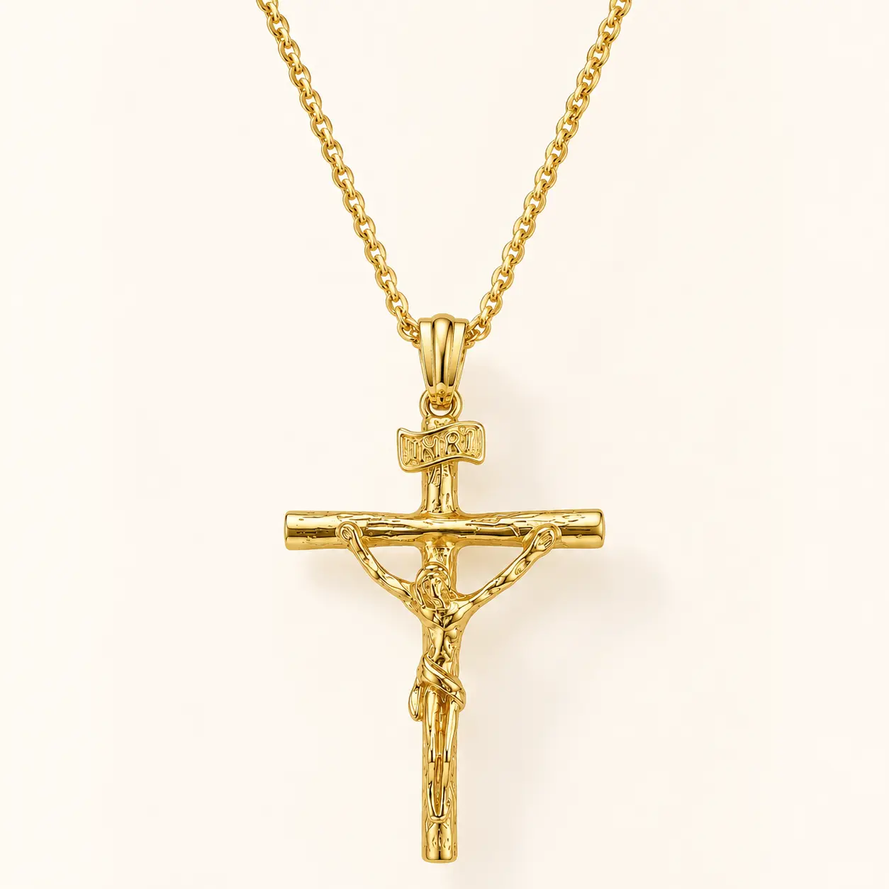 Gold-Tone Alloy Crucifix Cross Pendant Necklace for Men and Women, Detailed Jesus Cross Religious Jewelry, Classic Christian Faith Necklace, Everyday Wear and Meaningful Gift