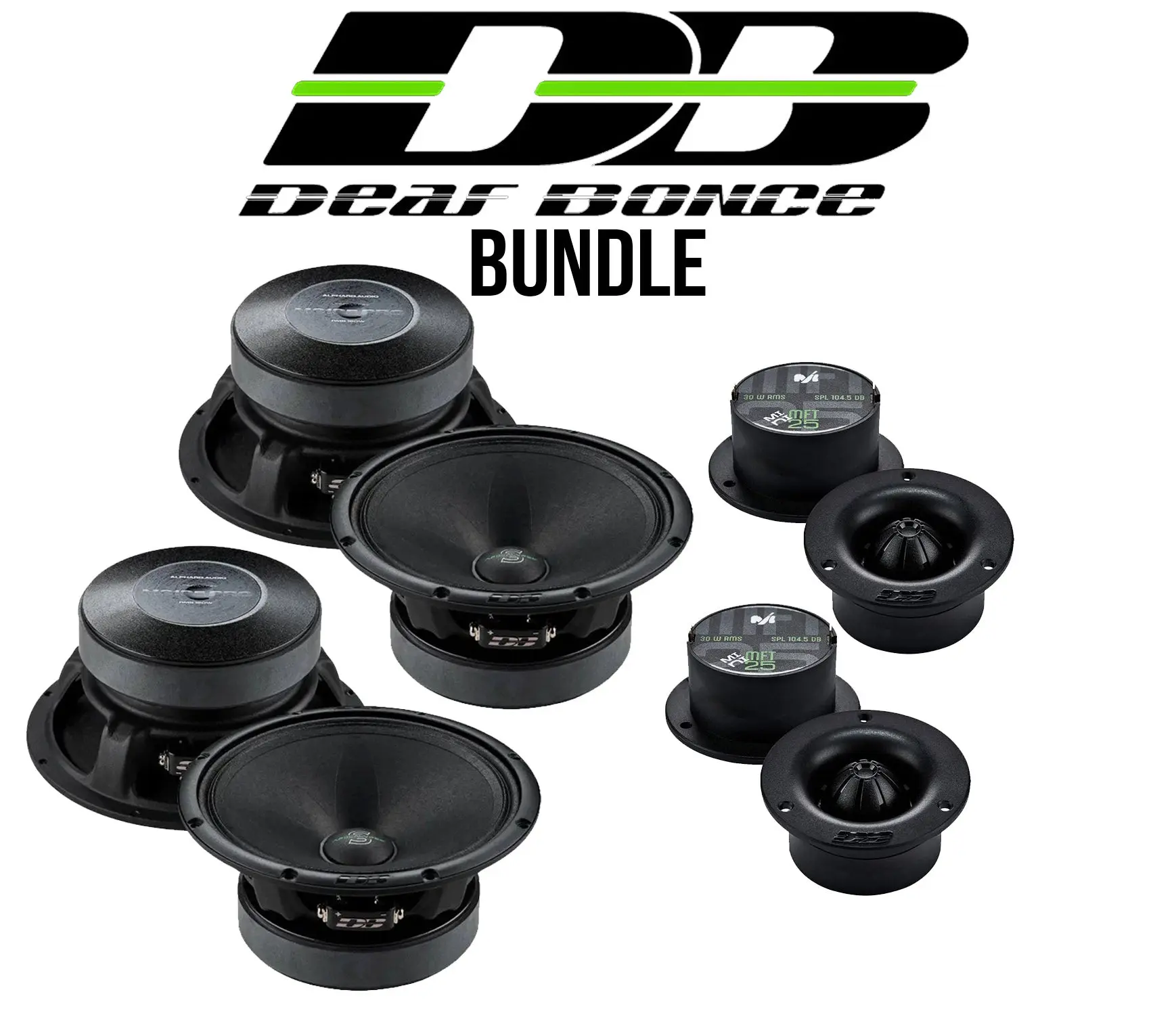 Deaf Bonce Vehicle Speaker Car Audio System Bundle - Stereo Package for Custom Audio Builds, 4pair Door Fill, Apocalypse AP-M61SE PRO 6.5” Midranges (2), 1” Compact Tweeters, 2 Pairs MFT-25 Machete Mini Loudspeakers, Crisp Detailed Highs, 100 Hz-16,000 Hz