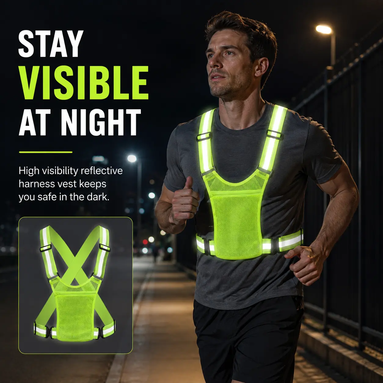 Reflective Safety Vest with Wide High Visibility Panels, Adjustable Straps, Bright Safety Gear for Night Running, Cycling & Outdoor Activities