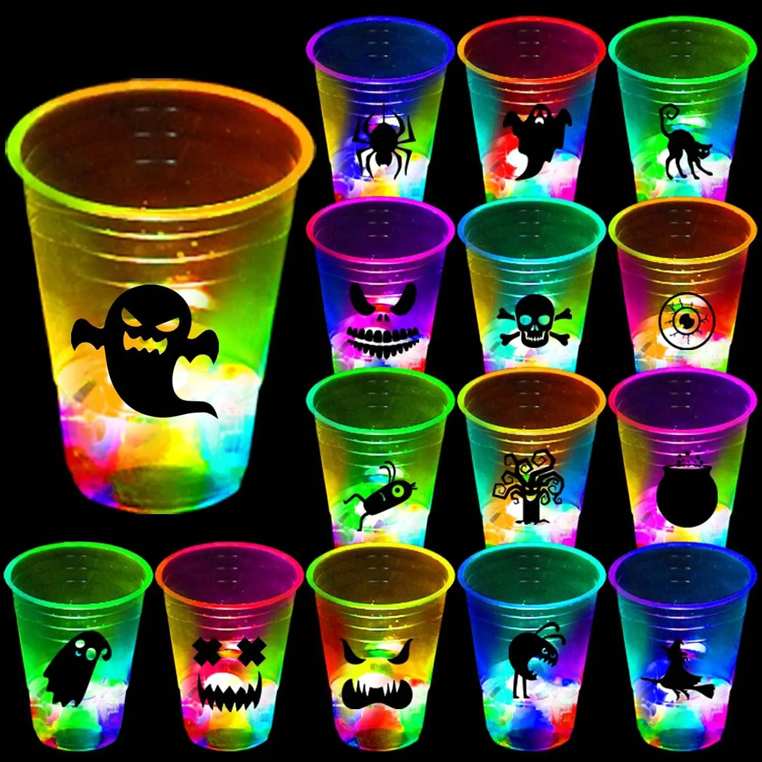 Halloween Fall Gift 24 Pack Halloween Glow-in-The-Dark Cup Set with Horror Stickers for Party Decorations Event Fun, Glow Halloween Party Cups, House Parties Birthdays Concerts BBQ Beach Holidays