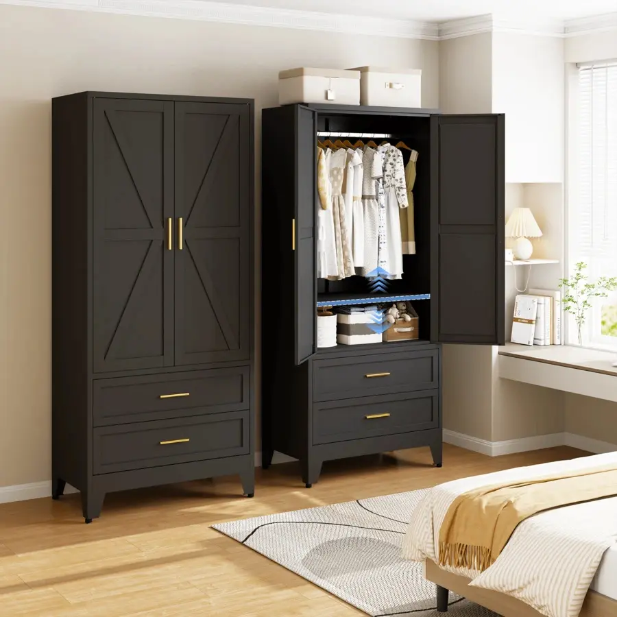 71-Inch Carbon Steel Wardrobe Clothes Storage Unit - Steel Frame, Nordic Style, Hanging Rods, Adjustable Shelves, Double-Door Cabinet, 2 Drawers, Assembly Required, Above 25 kg - Suitable for Bedroom, Cloakroom