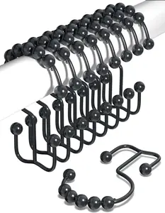 Shower Curtain Hooks Rust Proof (Set of 12) - Stainless Steel Shower Curtain Rings - Anti Slip Roller Balls for Easy Glide (Double Anchor Hooks, Matte Black)