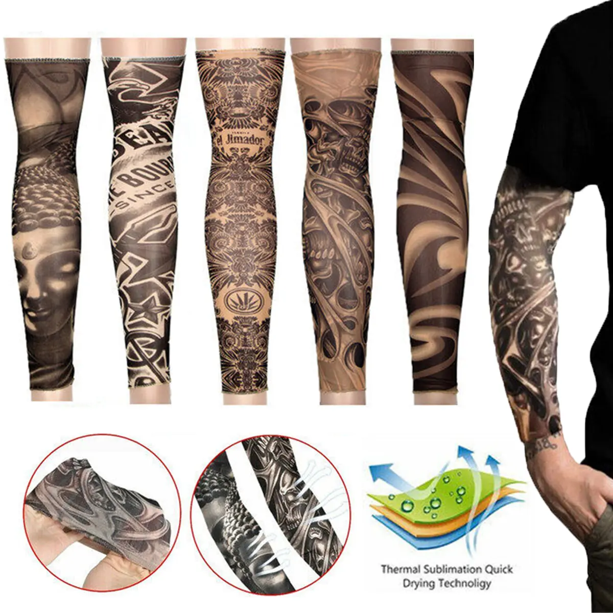 Men's Cooling Arm Sleeves 5/10 Pcs Long Fingerless Arm Cover Anti Slip UV Sun Temporary Fake Tattoo Sleeve