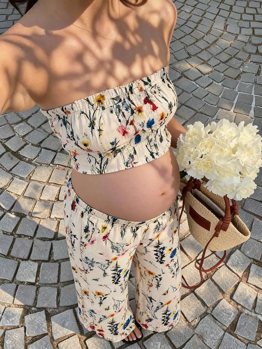Floral Print Maternity Camisole Top And Pants Elegant Boho 2 Pieces Set Holiday Vacation Beige Summer
