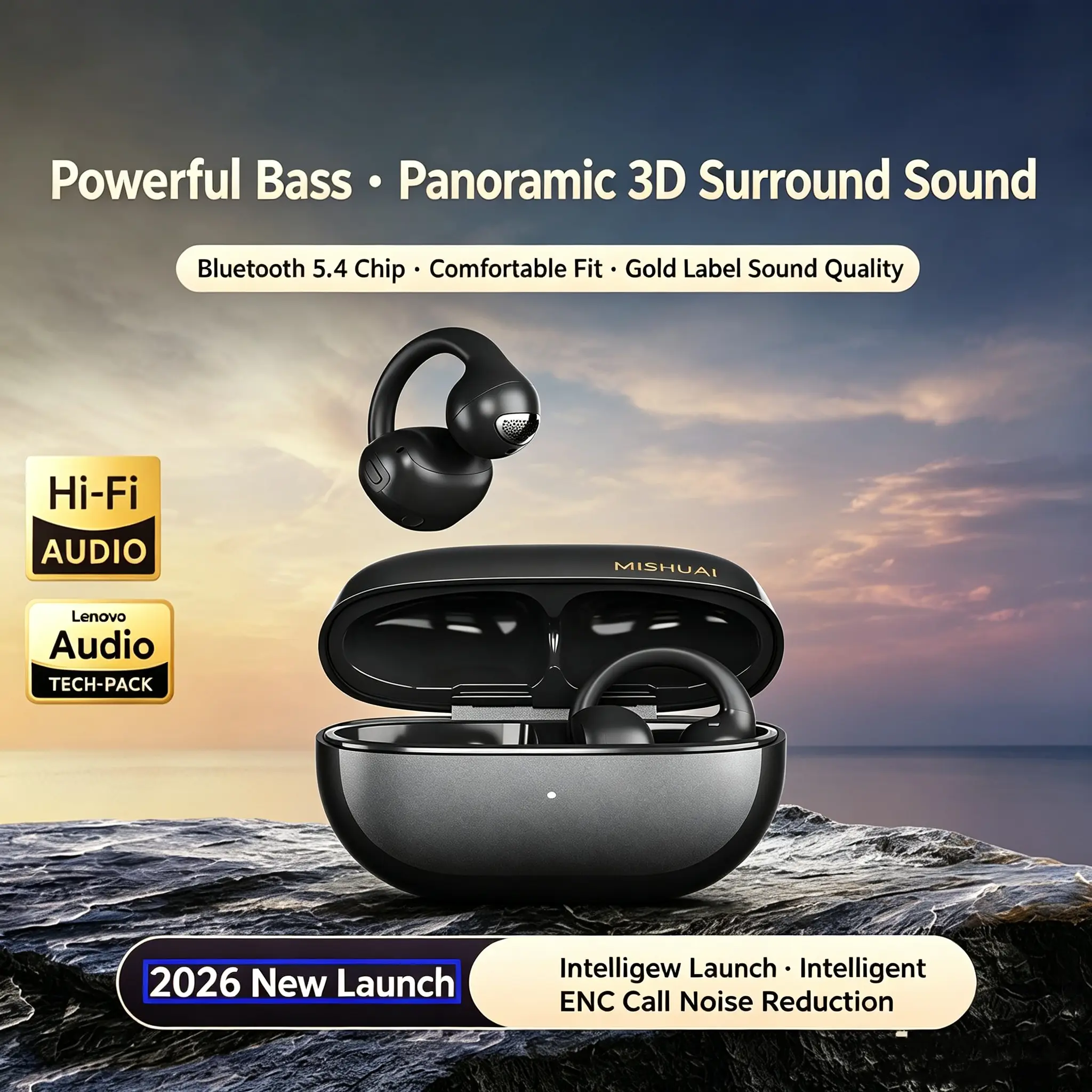 MISHUAI open-back earphones with Bluetooth 6.0, 720° surround sound, clip-on design for comfortable wear, intelligent voice assistant, suitable for office, sports, study, and audio calls, built-in microphone, and gaming Bluetooth headset.
