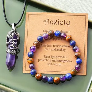 3PCS/Set Feng Shui Stress Relief Bracelet and Natural Amethyst Flower Luxury Necklace with Blessing Cards, Release Stress, Relieve Anxiety, Best Christmas Gift! indian  jewellery friendship  bracelet