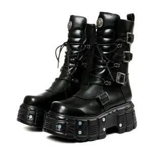 CYNLLIO Womens Mid Calf Goth Combat Boots Round Toe Chunky Platform with Metallic Rivets Pull On Side Zipper Lace Up Adjustable Buckles Comfy Fashionable Party Outing Dating Concert Cosplay Biker Punk Boot