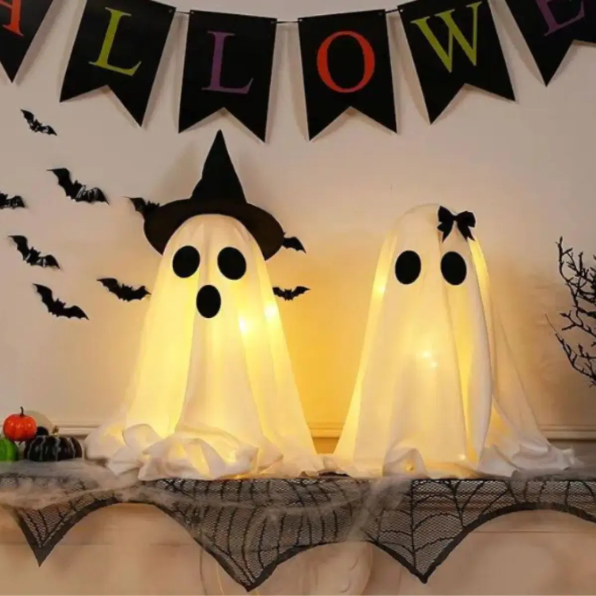 Light Up Ghost Decoration - Fabric LED Halloween Tabletop Decor with Witch Hat or Bow, Warm Light Ghost for Mantel, Shelf, Desk and Halloween Party, Cute Indoor Decoration