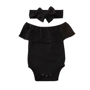 Baby Girl Summer Romper Clothes 6M 9M 12M 18M Lace Bodysuit Off Shoulder Jumpsuit Bowknot Headband Summer Outfit