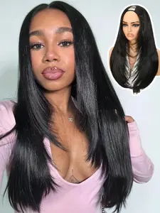 Women Yaki Straight Layered U Part Wig, V Part Glueless Clip-In Half Wig, Realistic Natural Look, Heat-Resistant Synthetic Hair, Straight Layered Wigs, Synthetic Material Wigs