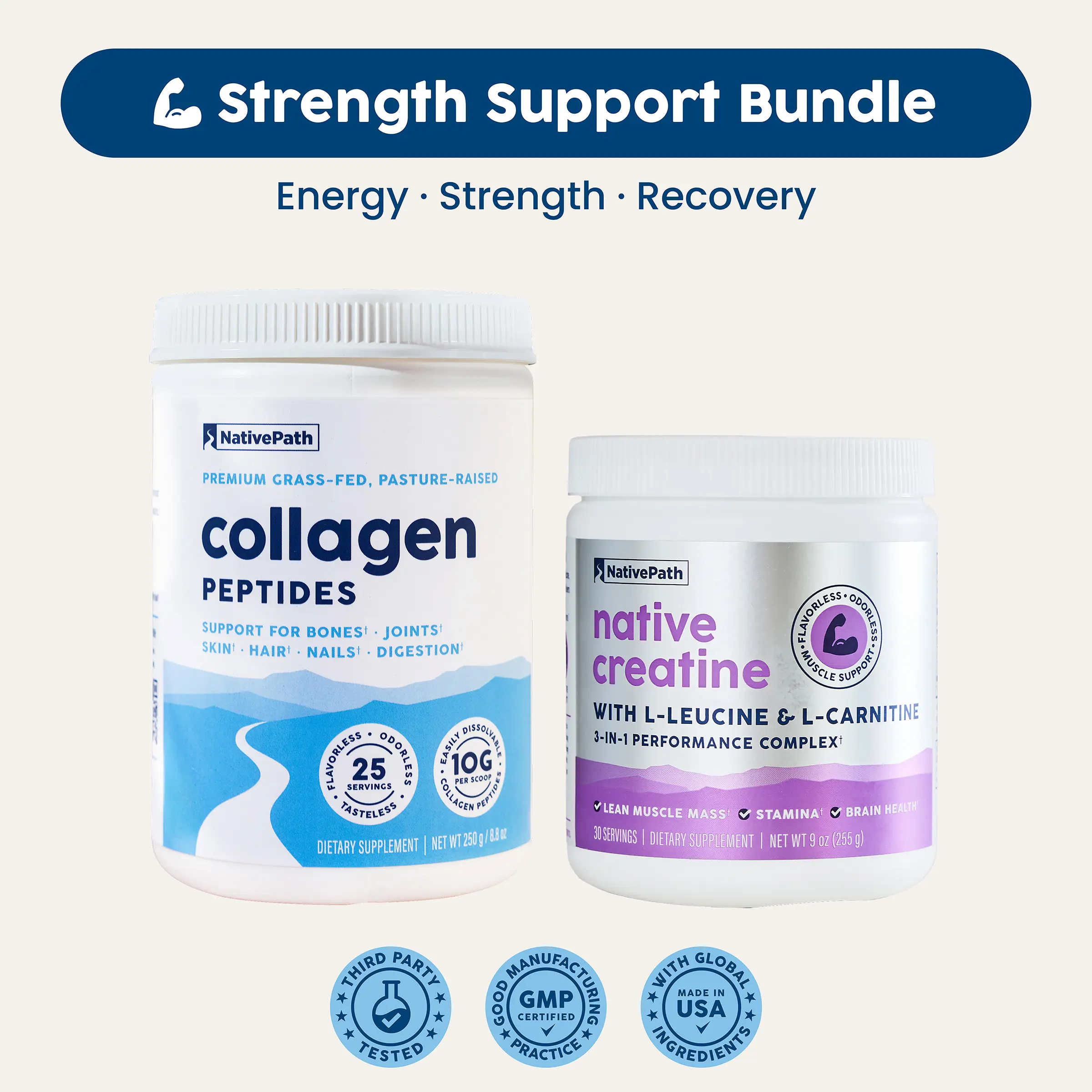 NativePath Collagen & Creatine Bundle - Grass-Fed Collagen Peptides + Creatine Monohydrate with L-Leucine & L-Carnitine - Muscle Strength, Recovery & Joint Support - Unflavored