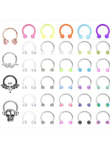 34 Pcs Colorful Piercing Jewelry Set, Nose Piercing Jewelry, for Women Men Soft Acrylic Surgical Steel in Mixed Vivid Hues Classic Metallic Styles Horseshoe Piercings Invisible Retainers Cartilage Hoops Bat Septum Rings for Lip Eyebrow Wear