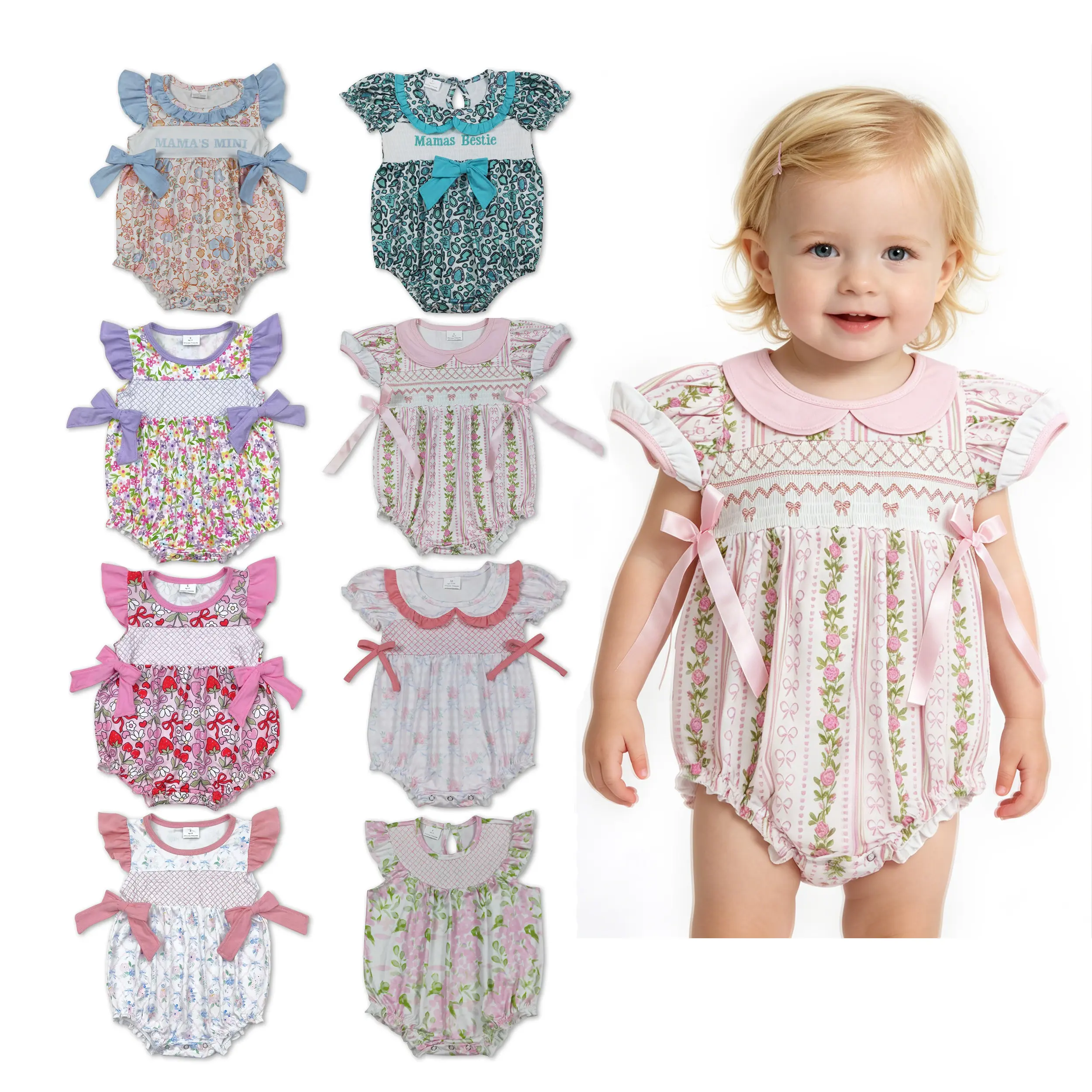 Baby Girls' Sleeveless Pink Floral Bow All-Over Print Bubble Romper Bodysuit Outfit, Toddler Onesies, Rompers Set, Mother’s Day Gift