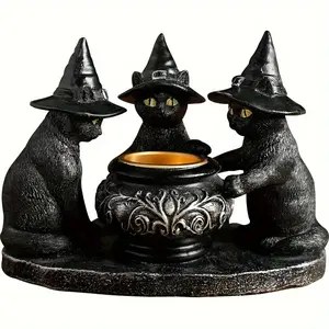 1pc Halloween Witch Cat Sculpture - Resin & Brass, Indoor/Outdoor Decorative Figurine with 3 Witches and Cauldron, No Electricity Needed, Perfect for Home, Garden, or Party Decoration, Decorations