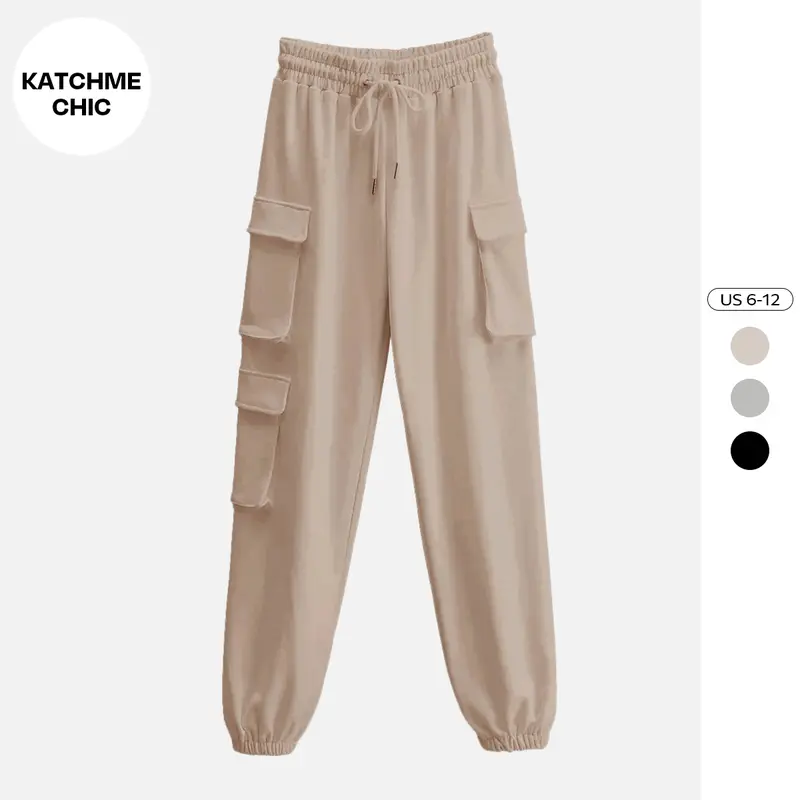KatchMe Casual Womenswear Mid-Rise Cargo Pocket Drawstring Sweatpants,All-Match Women Teen Girls Clothes,Street Womenswear, Lady Plain Women's Bottom
