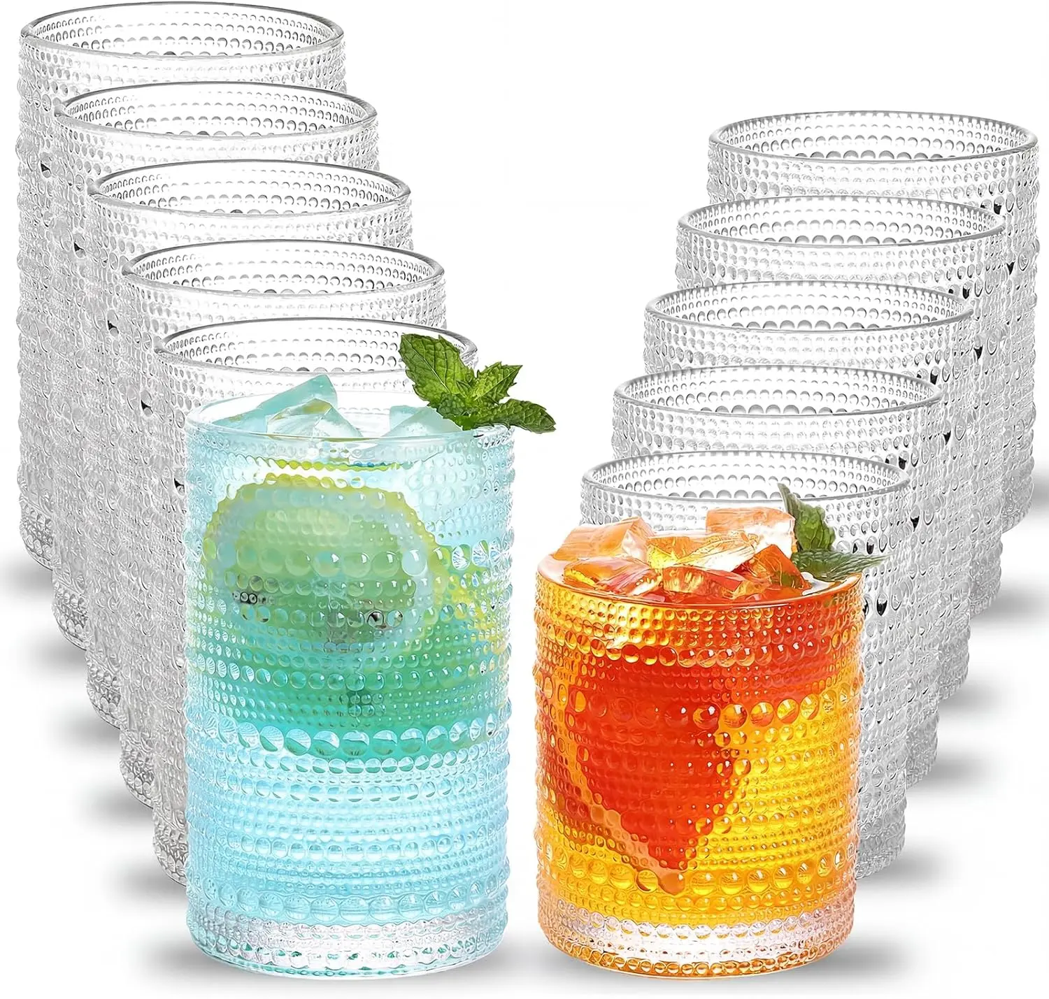Hobnail Drinking Glasses Set of 12,10 Oz Cocktail Glasses Vintage Glassware, Textured Glass Cups Bubble Glasses Water Glasses Old Fashion Jupiter Glasses Set,summerwins