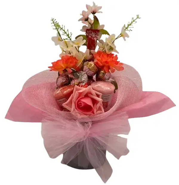 Pink perfection chocolate and candle bouquet