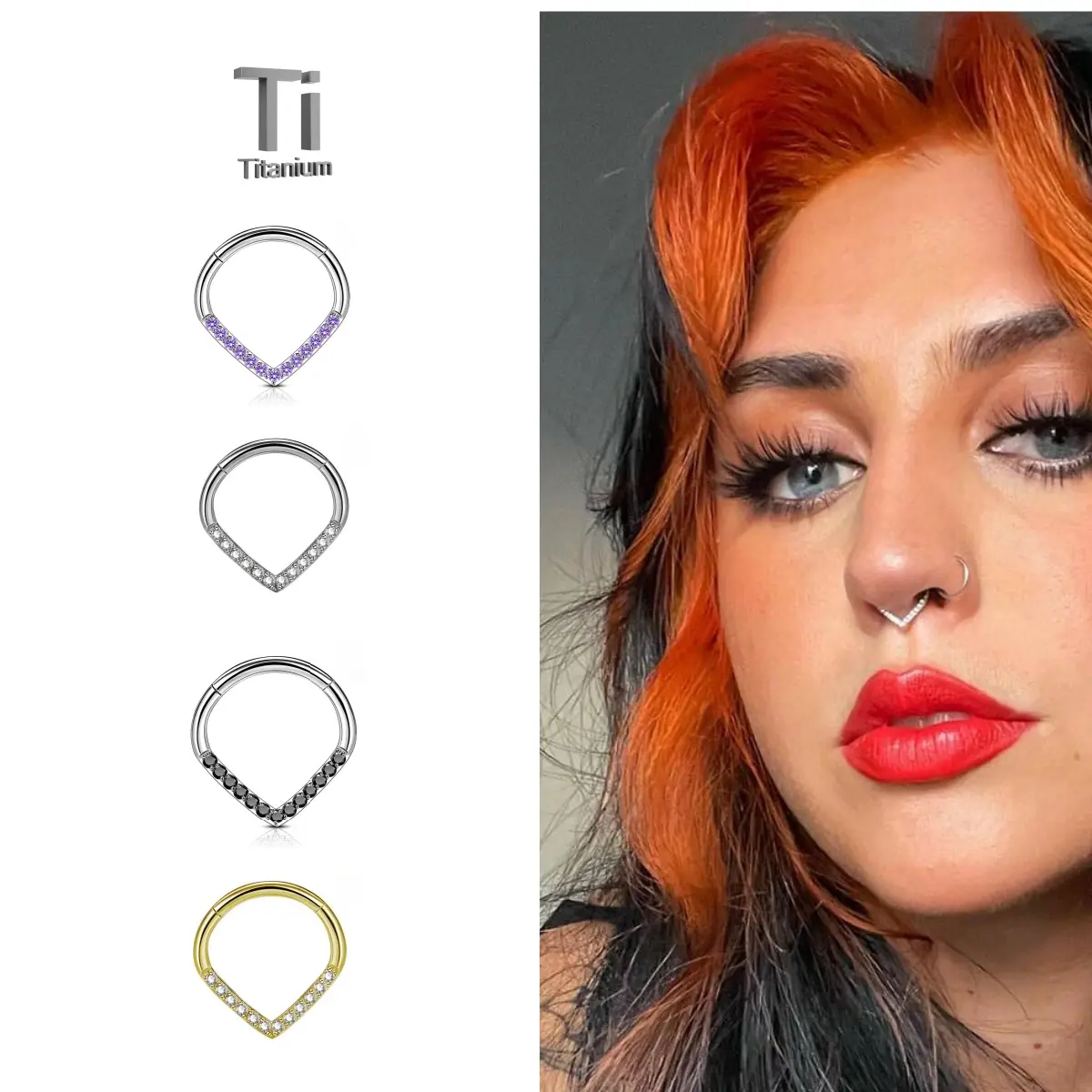 OUFER BODY JEWELRY 16G Titanium V-Shape Septum Clicker, Dainty Nose Hoop Ring with Paved Cubic Zirconia for Daith Piercings, Titanium Nose Hoops