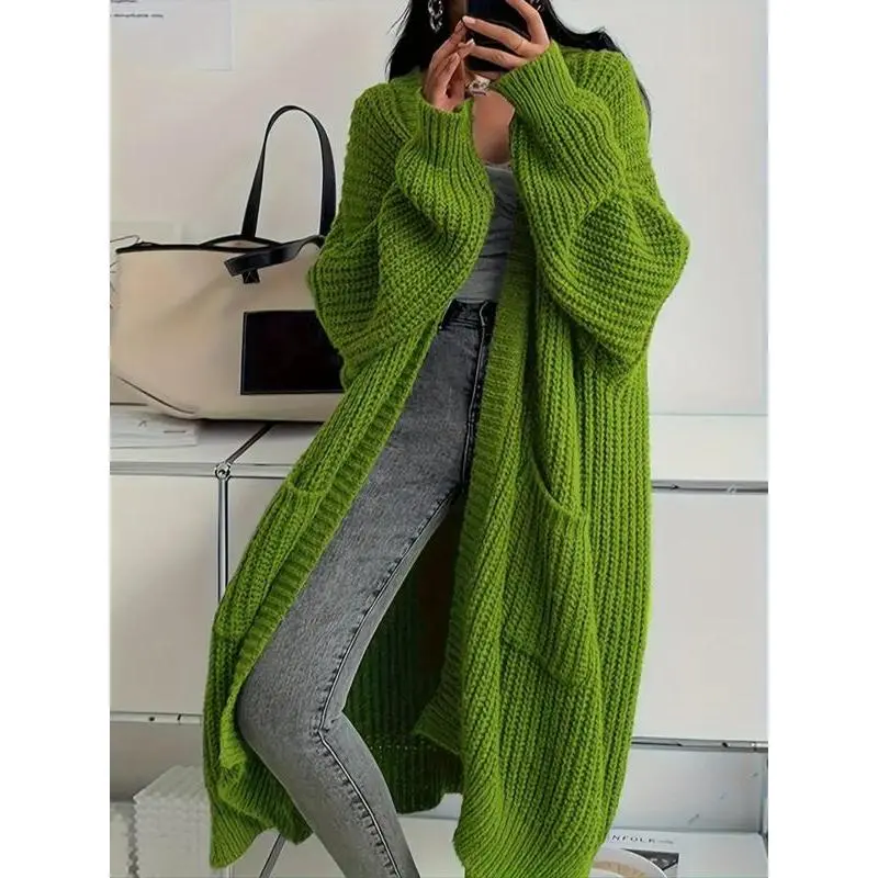 Oversized Cardigan Sweater for Women, Basic Solid Long Sleeve Thick Knitwear, Casual Open Front Outerwear with Pockets