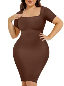 Women's High Elastic Bodycon Dress Short Sleeve Mid-Length Shapewear, Basic Casual Minimalist Slim Fit Skirt for All Seasons, Kardashian Style
